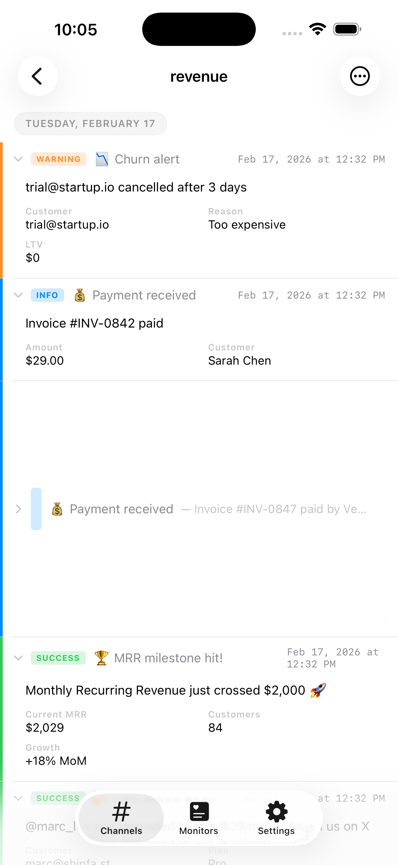 Zenhook iPhone revenue channel showing a churn warning, a payment received, and an MRR milestone