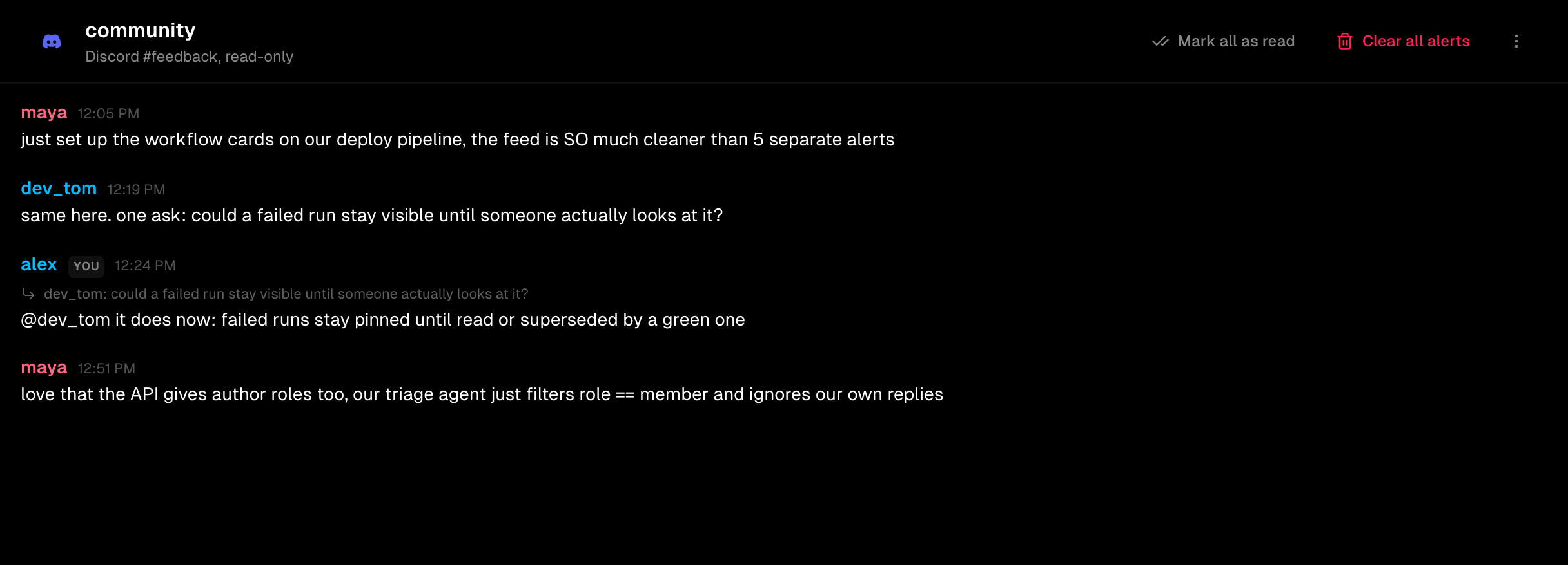A Discord channel read inside Zenhook: authors, roles, replies